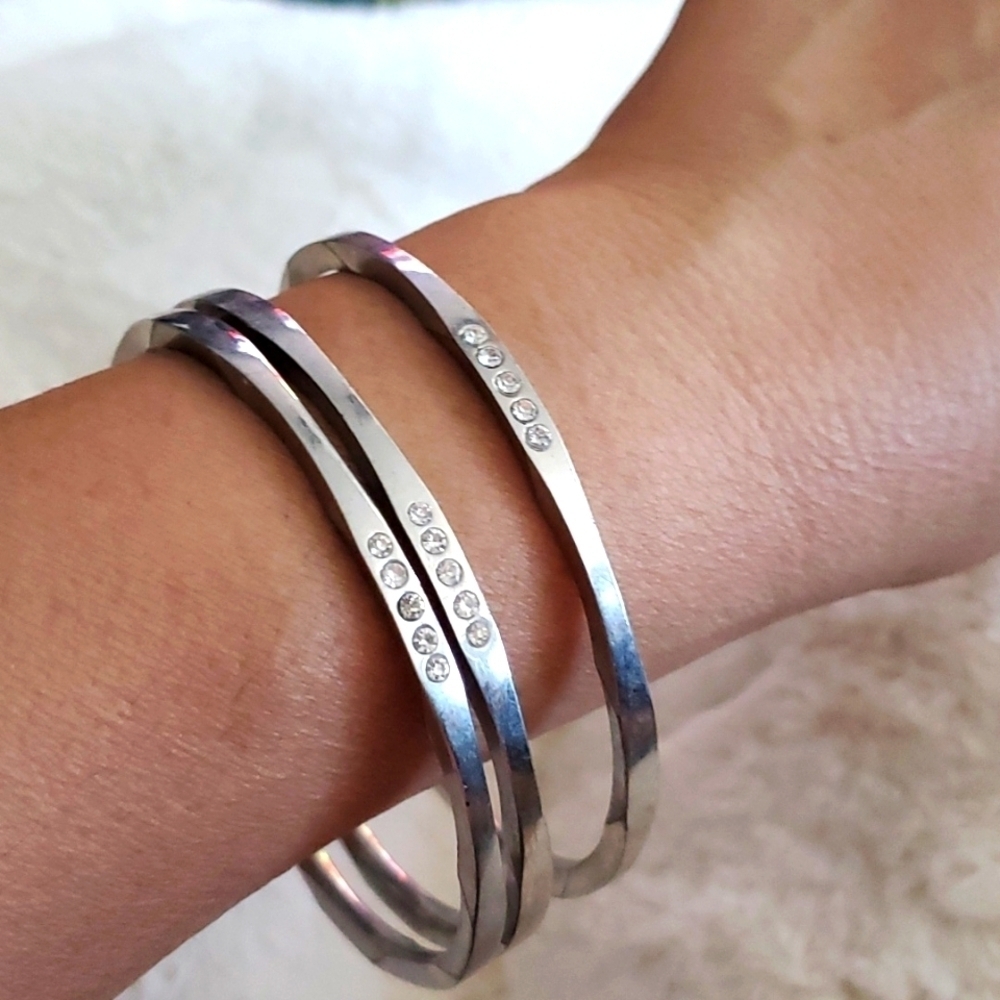 THREE SILVER BANGLE BRACELETS W BLING, ALL GEMS PRESENT